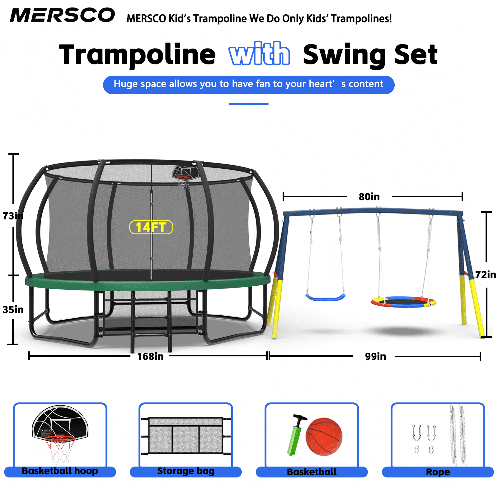 Mersco 14FT Heavy Duty Trampoline with Enclosure Net , Swing Set Outdoor Big Trampoline for Backyard, Kids Trampoline with Basketball Hoop,  Kids Birthday and Festival Gifts,Green