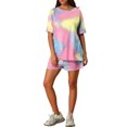 thumbnail image 2 of INSPIRE CHIC Women's Tie Dye Short Sleeve T-Shirt and Drawstring Shorts Pajamas Sets S Pink, 2 of 7