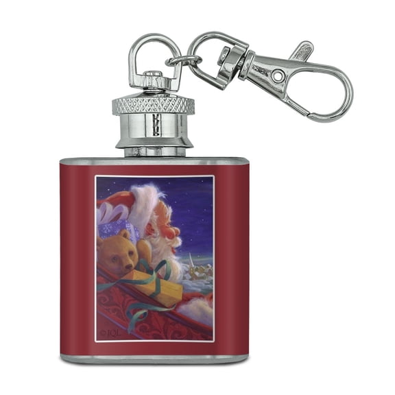 Christmas Holiday Santa Claus Night Sleigh Ride Stainless Steel 1oz Mini Flask Key Chain
