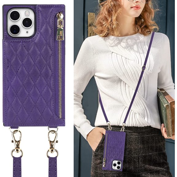 Crossbody Phone Case for iPhone 11 Pro Max with Card Holder Slot,iPhone 11 Pro Max Magnetic Purse Case with Lanyard Strap for Women Men,PU Leather Zipper Lattice Pattern Case 6.5 Inch (Purple)