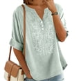 thumbnail image 4 of Vinsonshop Boho Tops for Women 2026 Elbow Sleeve Boho Peasant Linen Embroidered Retro Embroidered Boho Cotton Linen Embroidered Tops Vintage Embroidered Blouses Business Casual Light Green XXL, 4 of 9