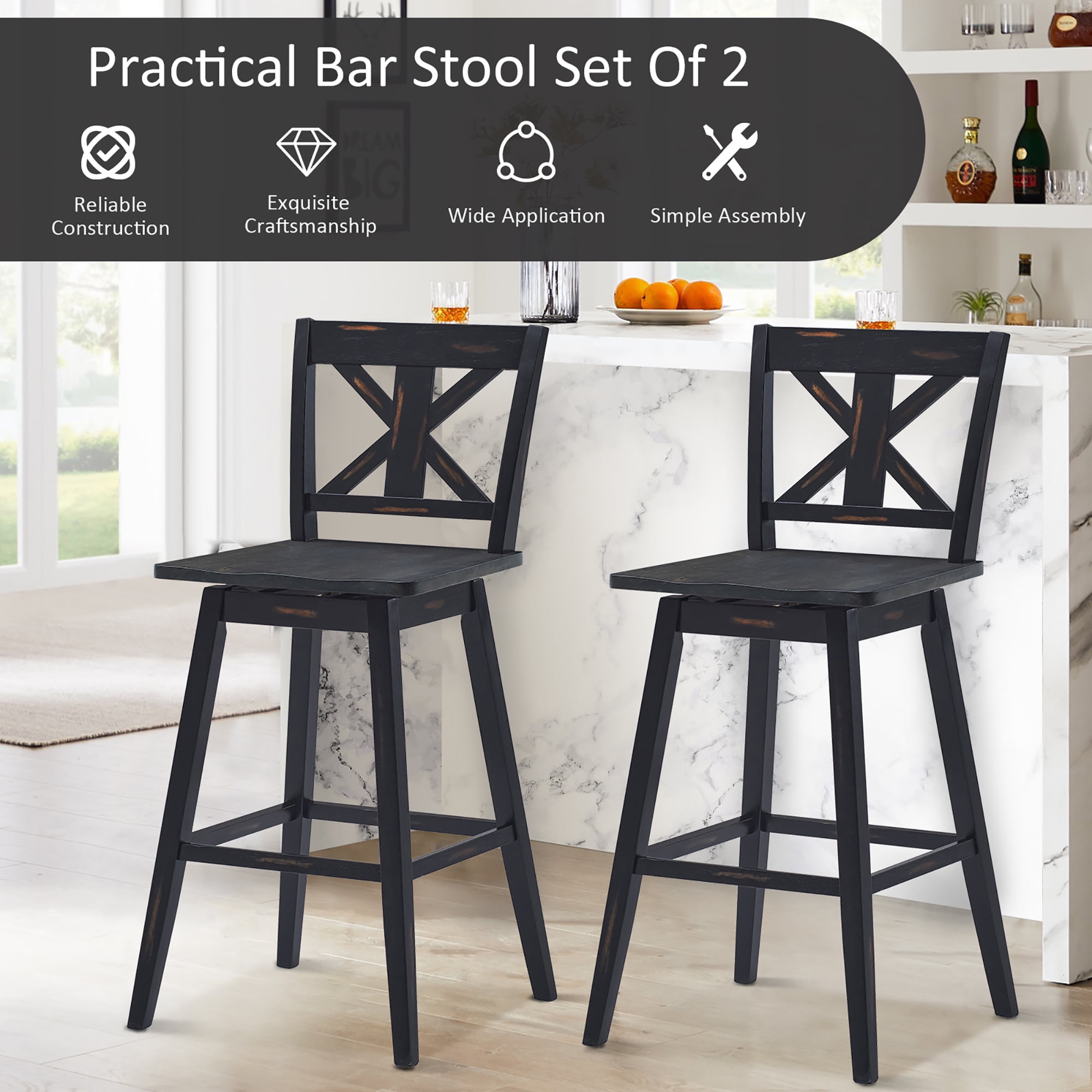 Costway Set of 2 Bar Stools Swivel Pub Height Chairs w/ Rubber Wood Legs Black