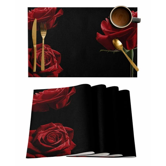 Red Rose Placemats Set of 8 Vintage Flower Garden Abstract Art Black Heat Insulation Washable Place Mats, Rustic Non-Slip Table Mats for Dining Table Party Kitchen Decor,13x19 Inch