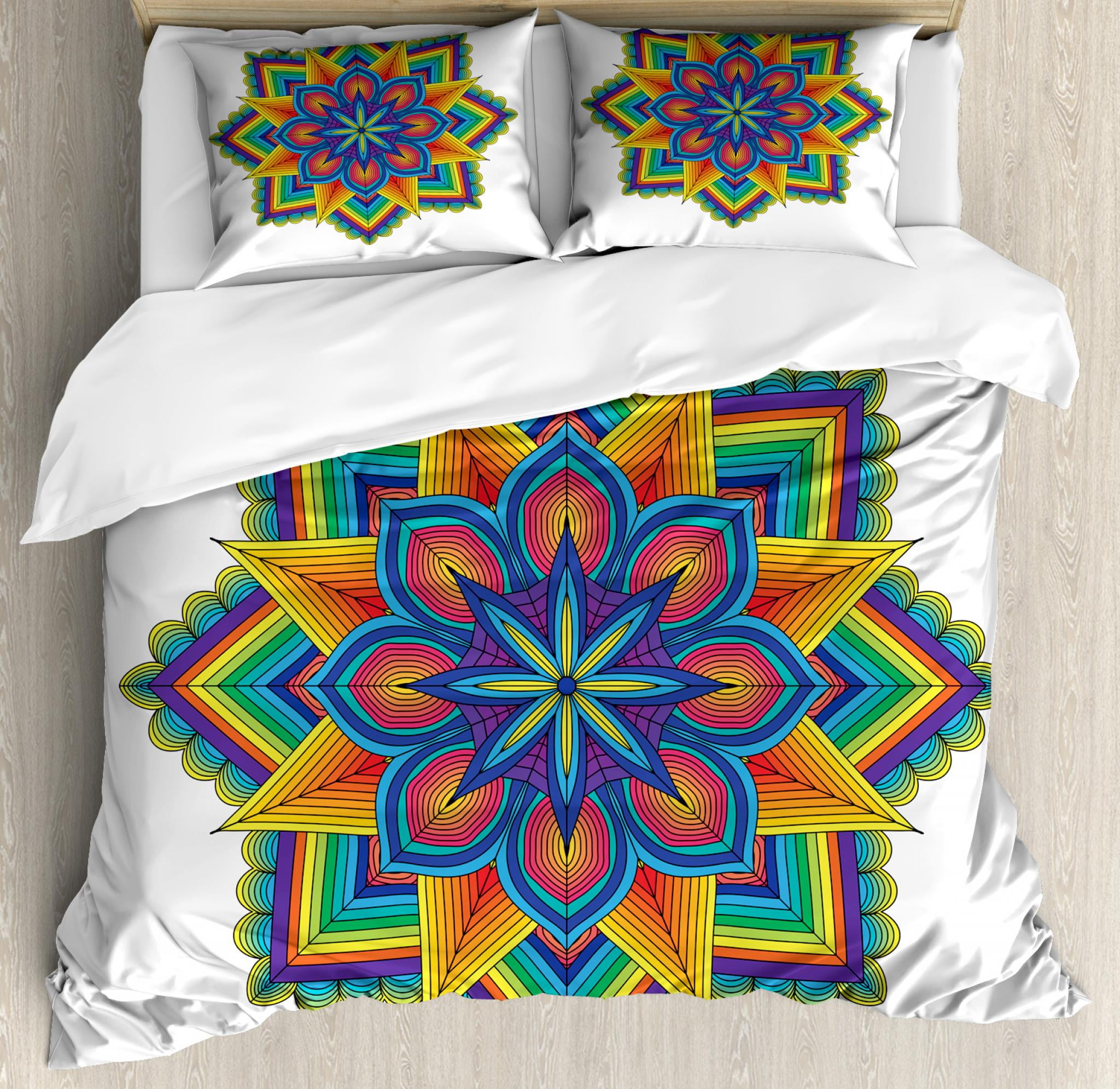 Rainbow Mandala Queen Size Duvet Cover Set Colorful Geometric Rainbow Mandala Queen Size Duvet Cover Set Colorful Geometric Design With Arabesque Themed Star And Flower Motifs Decorative 3 Piece Bedding 2