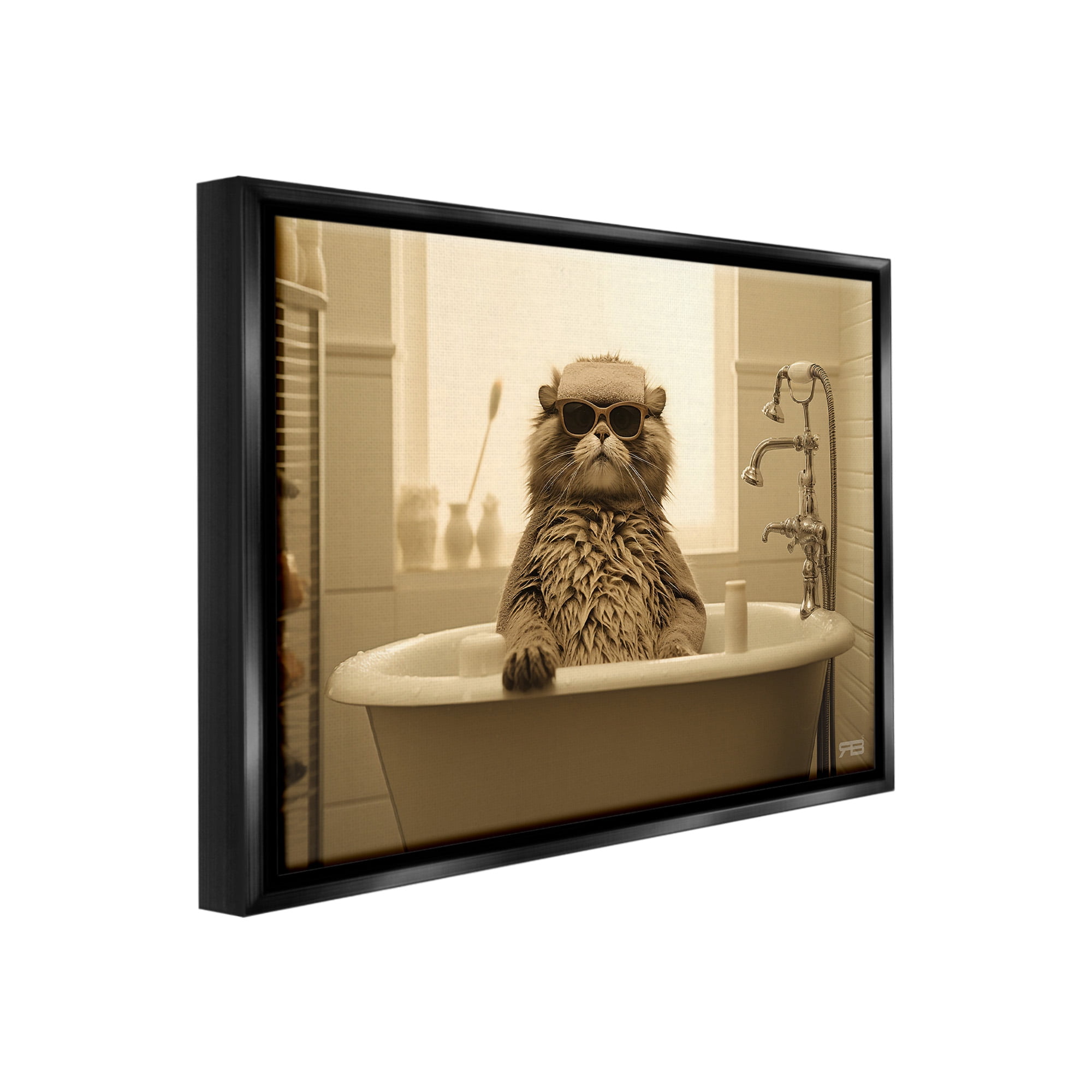 Stupell Industries Cool Cat in Bathtub Animals & Insects Painting Black Floater Framed Canvas Art Print Wall Art, 31 x 25
