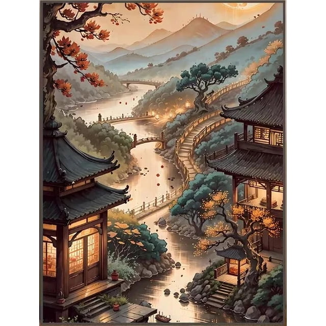 Kit de Broderie au Point de Croix Paysage d'Architecture Ancienne Mosaïque Broderie Image Perçage Complet Décoration Maison 30*40cm, Cadre Non Inclus.,4,A