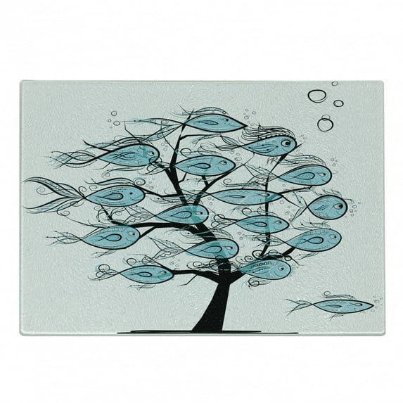 Fish Cutting Board, Life of Tree of Funny Fish on the Branches with Different Print, Decorative Tempered Glass Cutting and Serving Board, Small Size, Blue and Black, by Ambesonne