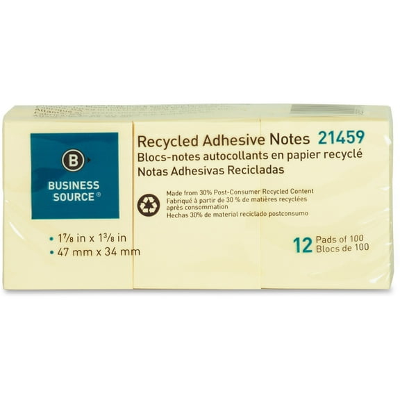 Business Source, BSN21459, Yellow Adhesive Notes, 12 / Pack, Yellow
