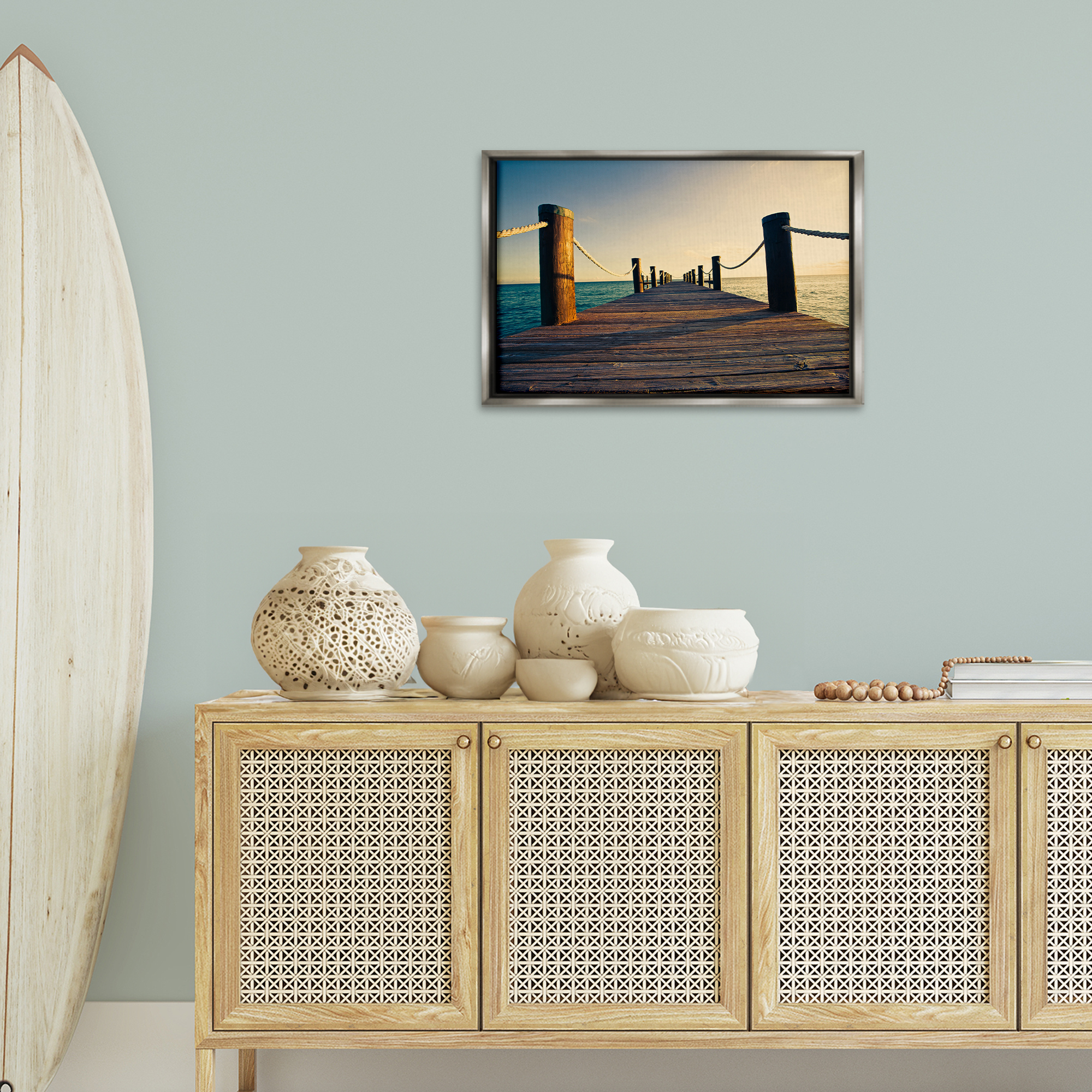 Stupell Industries Summer Coastal Dock Coastal Photography Gray Floater Framed Canvas Art Print Wall Art, 25 x 17