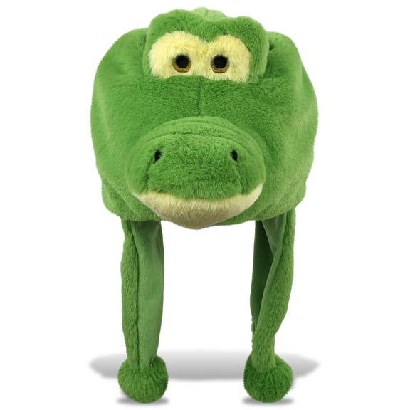 DolliBu Super Soft Green Alligator Plush Hat - Winter Hat with Ear Flaps, Animal Hat Costume for Boys and Girls, Hat Costume for Halloween, Cosplay Parties, Crazy Beanie Hat for Kids, Teens, Adults