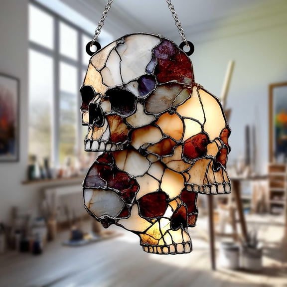 Faux Wavy Acrylic Skull Suncatcher, Wavy Acrylic Hanging Halloween Decor with Bone Details, Gothic Horror Gift for Skull Collectors
