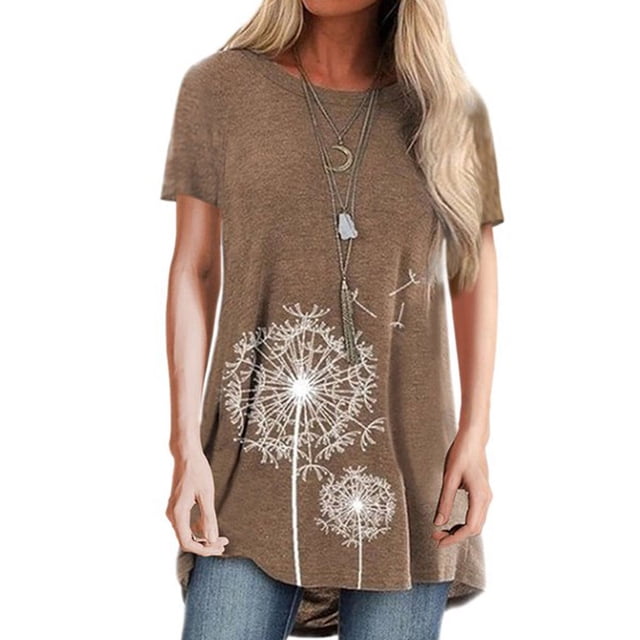 yingyy T-shirt pour Femme Imprimé Blouse Décontractée à Manches Courtes Col Rond Haut, Bleu, P Café L