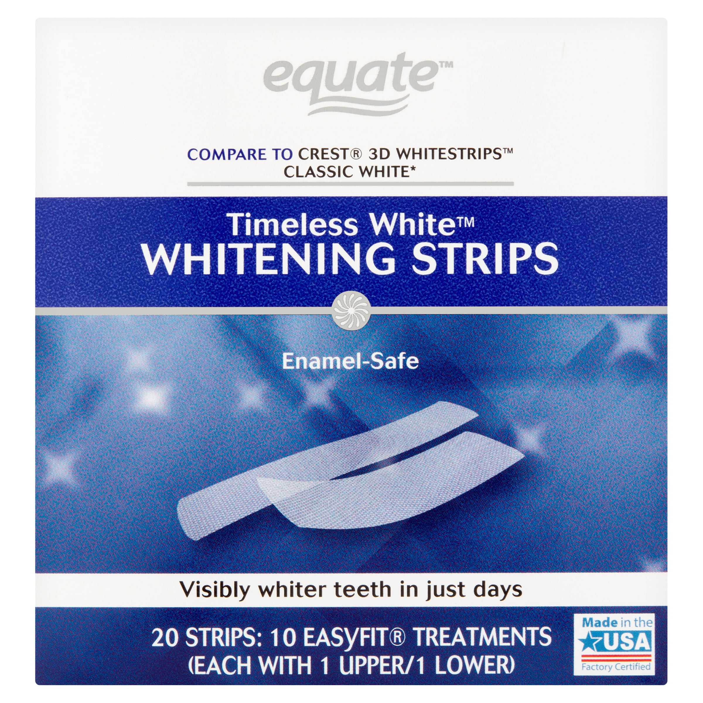 Equate Timeless White Whitening Strips, Enamel-Safe, 20 Whitening Strips (10 Treatments)