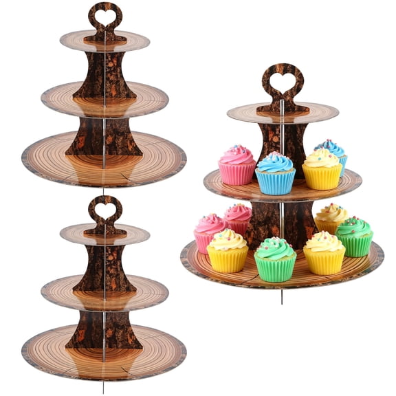 3PCS Rustic Cake Stands, Three-Tier Wood Grain Cupcake Displays, Easy Assemble Paperboard Dessert Holders, Detachable for Wedding Parties, Unique Bark Texture