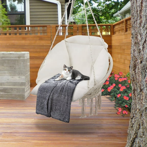 Melocadol Macrame Hammock Hanging Swinging Chair, Premium Handwoven Macrame with Oversized Cushion, for Porch, Balcony or Bedroom, Beige