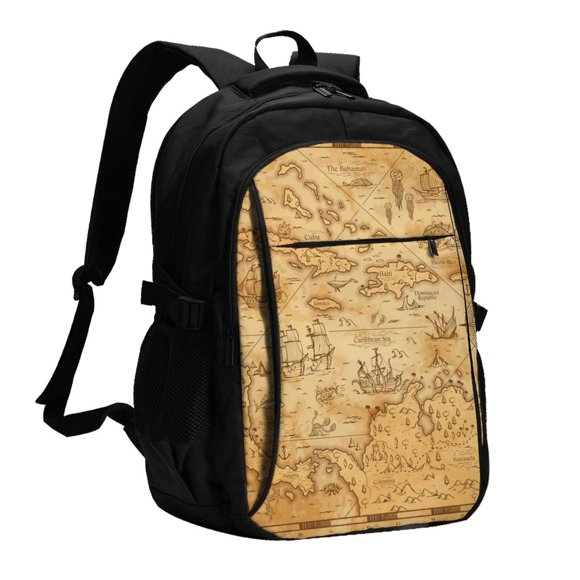 Wukai Old Vintage Map Of Sea Travel Laptop Backpack: Business Water-Resistant Bag with USB Charging Port, Ideal College Backpack for Men & Women
