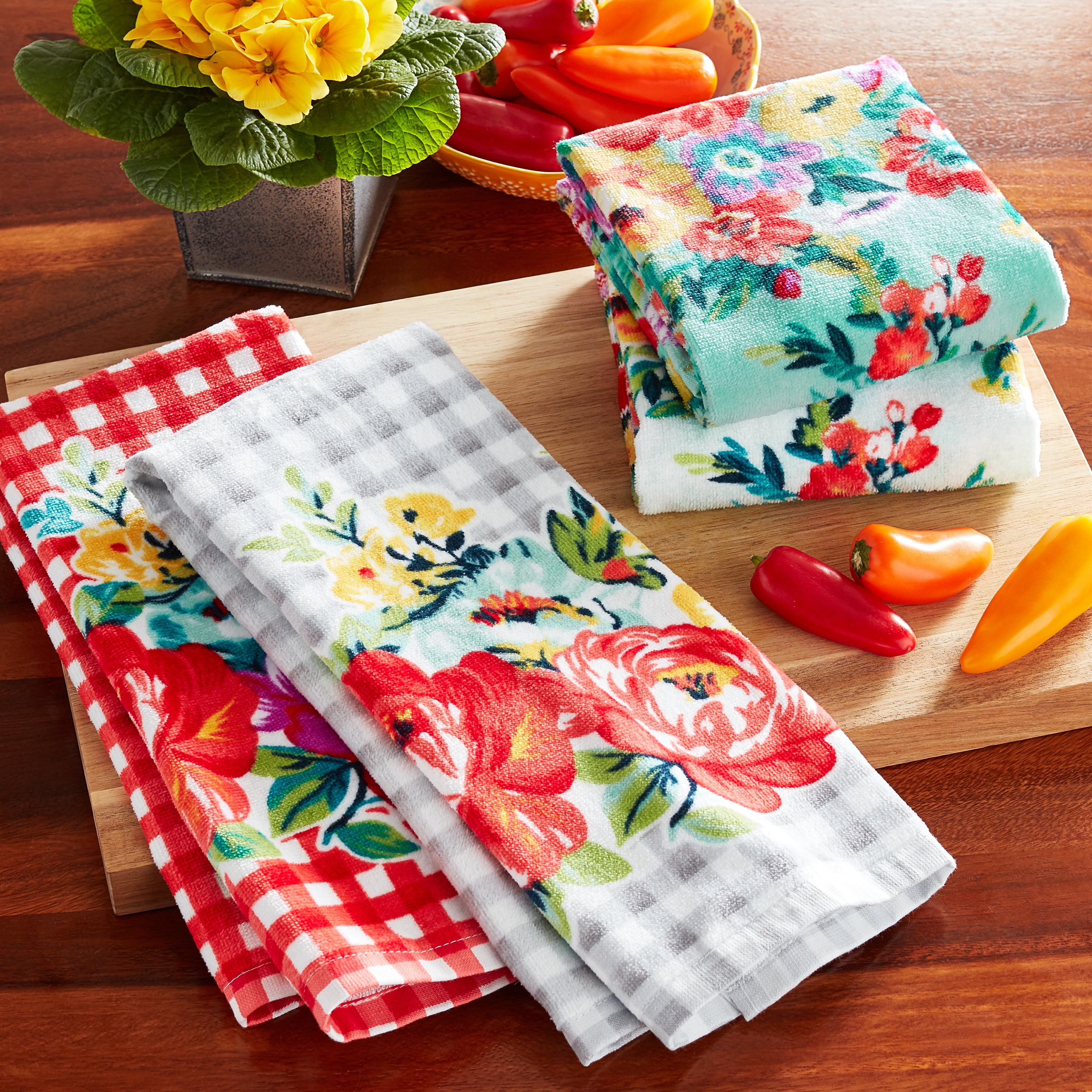 Set of Three Colorful Cotton Dish Towels with Printed Motifs, 'Sweet  Happiness