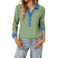 thumbnail image 2 of KDDYLITQ Womens Denim Collar Sweater Button Up Denim Patchwork Sweatshirts Color Block Denim Collar Cuffs Top 2025 Fashion Pullover Green XL, 2 of 4