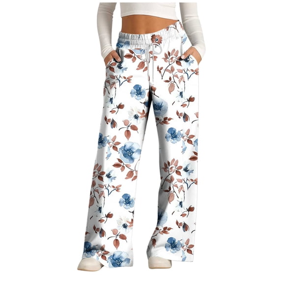 Neewe Womens Summer Casual Loose Wide Leg Lounge Pants Drawstring Pocket Palazzo Trousers-Navy L