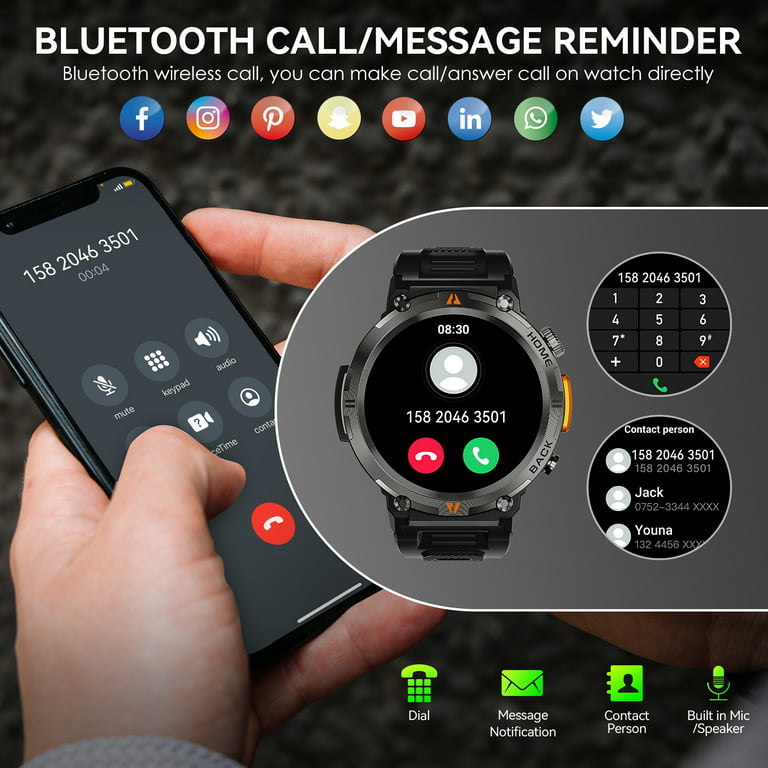 EIGIIS Smart Watch for Men Women Bluetooth Call (Answer/Make Call) 3ATM  Waterproof 1.45'' Military Tactical Fitness Watch Tracker 