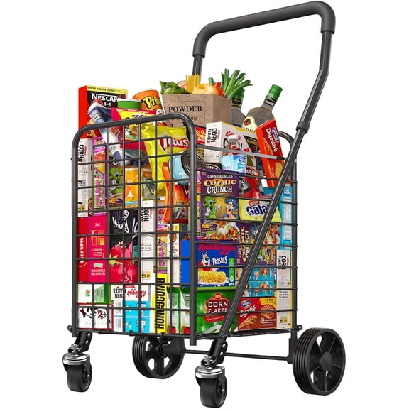 Collapsible Grocery Shopping Cart with 360° Swivel Wheels - Foldable Utility Cart 66lb Capacity & Extended Foam Handle - for Laundry, Supermarket, Travel (Medium)