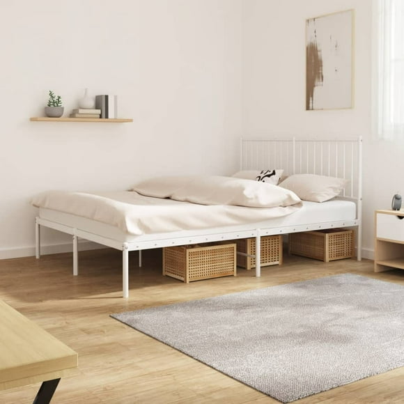vidaXL Metal Bed Frame with Headboard White 135x190 cm Double