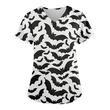 

Knosfe Maternity Scrub Top Medical V Neck Halloween Nurse Women s Scrubs Short Sleeve Workwear Pumpkin Ghost Bat Western Tops with Two Pockets White 2XL