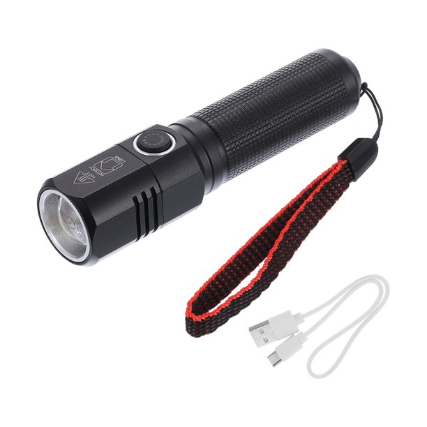 Linterna LED larga escalable Uxcell, linterna LED de aluminio recargable por USB de 3 modos, antorcha de luz blanca, negra