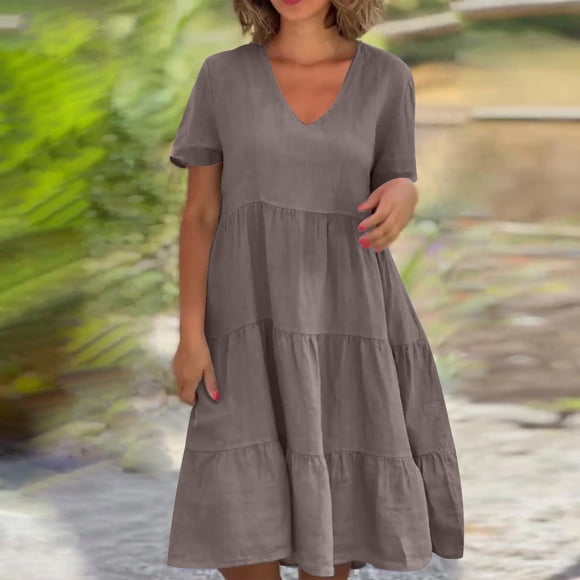Meichang Robes d'Été pour Femmes 2025 Décontractées à Manches Courtes Col en V à Étages Longueur Genou Robes Trapèze Robe en Coton et Lin Fluide Tunique de Plage