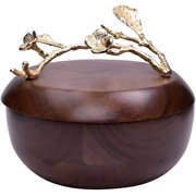 The Milli Collection Small Acacia Wood Bowl with Lid Gold Finished Brass Branch Handle with Leaves and Flowers Ideal for Storing and Serving Dishes for Everyday Use Perfect for Gifting