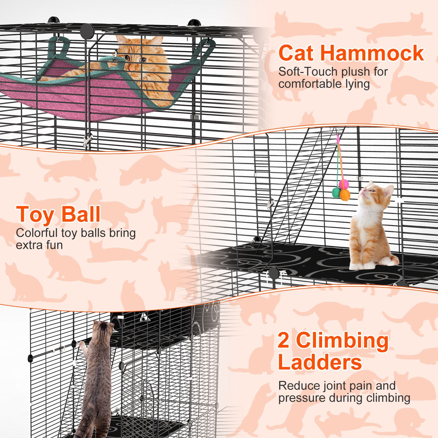 Moclever 3-Tier Large Cat Cage, Enclosure Indoor DIY Iron Pet Cage Playpen with Hammock Toy Ball Ladder for 1-2 Cats Ferret Rabbit Small Animals, Black