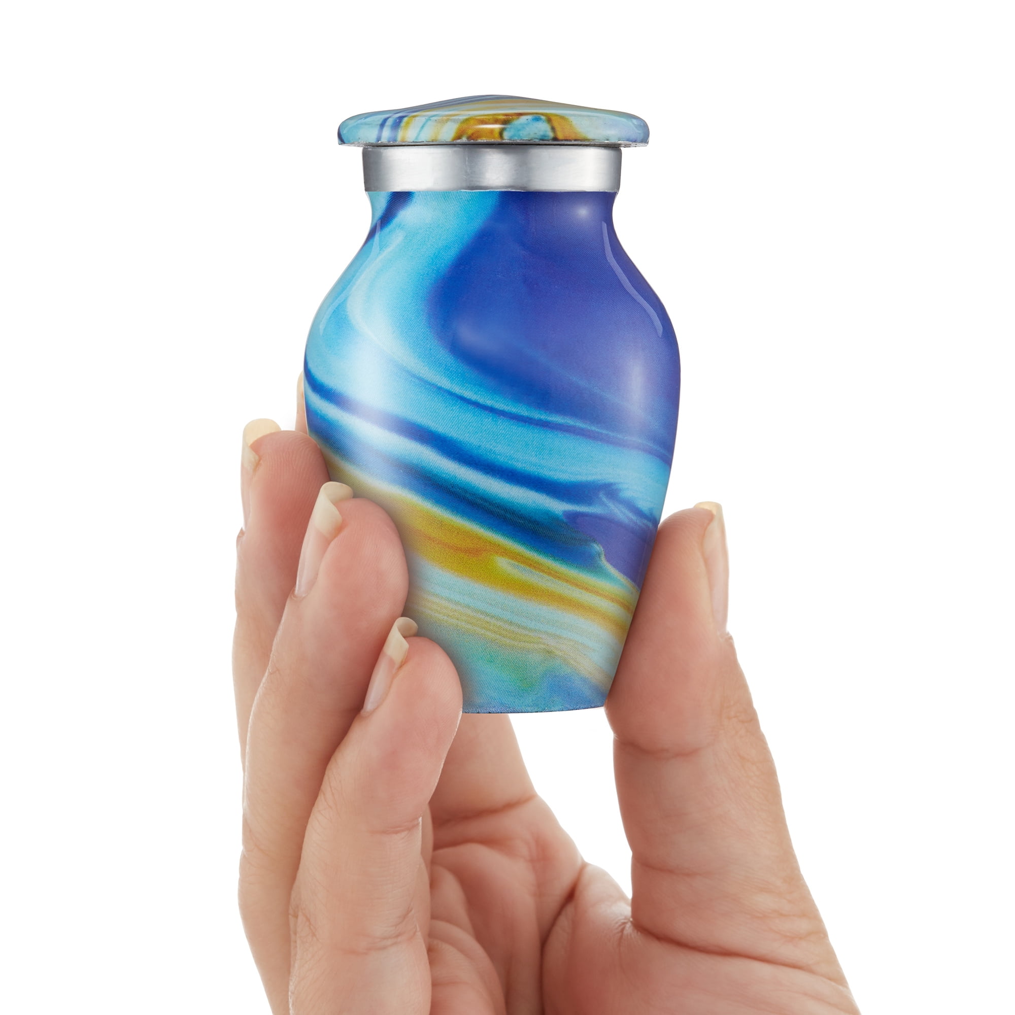 Reminded Small Keepsake Cremation Urns for Human Ashes, Set of 4 Blue Swirl Miniature Memorial Urns with Velvet Case and Bags