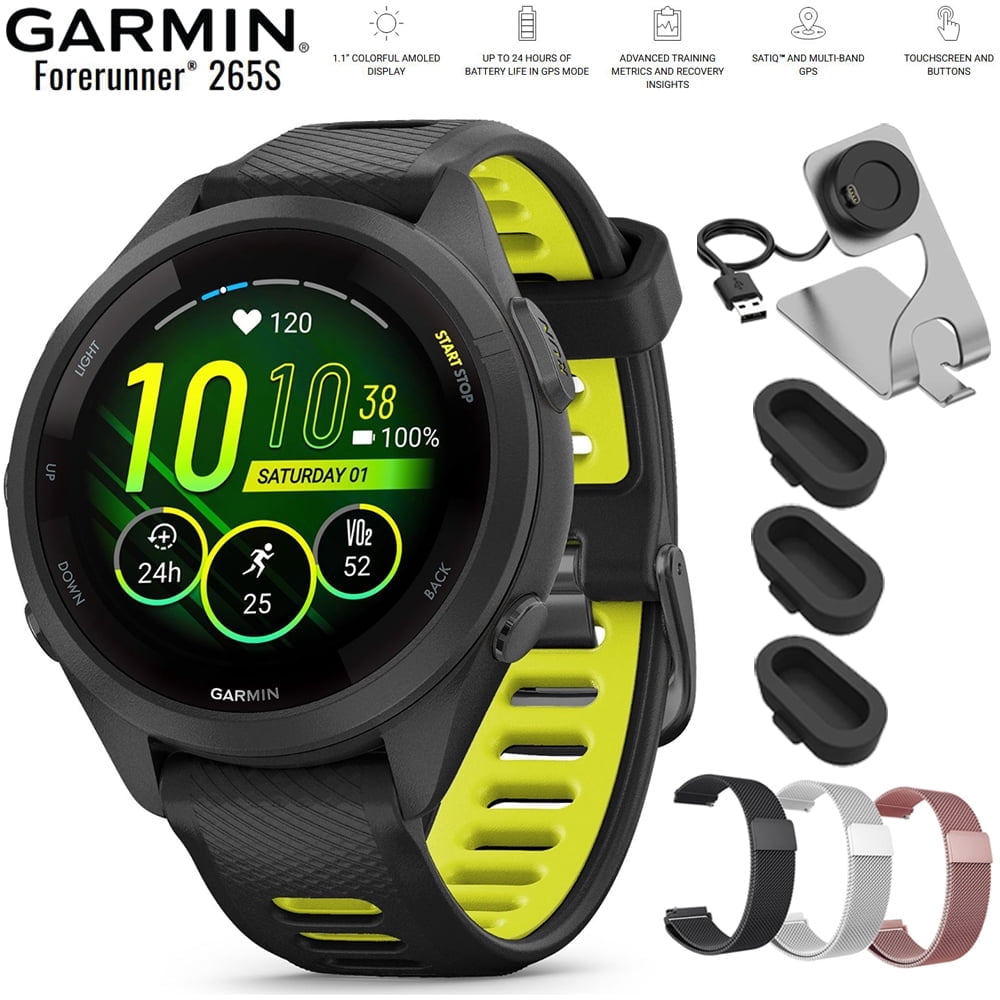 Garmin Forerunner 265S GPS Smartwatch Black/Amp Yellow 010-02810-03 Bundle with Deco Essentials 18mm Metal Bands 3 Pack, Charging Dock and Silicone Dust Cover 3 Pack