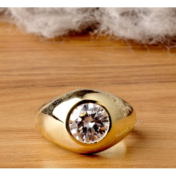 Men's Solitaire Diamond Ring, Flush Set Diamond Ring, Wedding Diamond Ring, Wide Shank Dome Ring, 14K Yellow Gold Plated, 2.0 Ct Simulated Diamond, Proposal Ring For Him