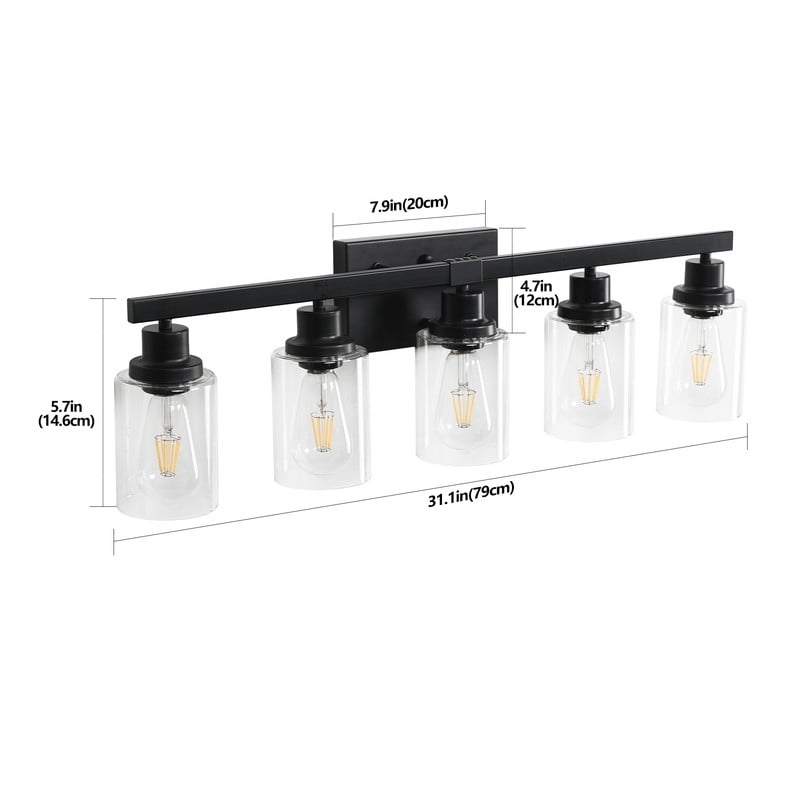 31" Industrial 5-Light Black Vanity Light with Clear Glass Shades, Modern Bathroom Wall Fixture for Mirror or Dressing Table, Durable Metal Build, No Bulbs Included