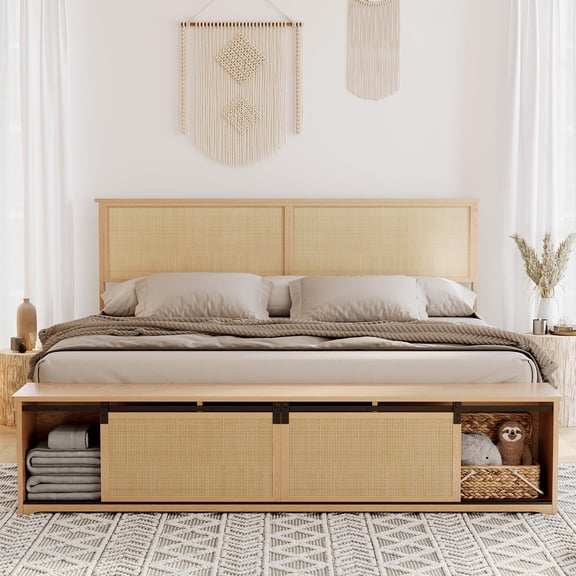 Natural Rattan King Size Bed Frame with Sliding Barn Door Storage Cabinets and Headboard, Boho Farmhouse Wood Platform Bed with Solid Wood Legs Support, No Box Spring Needed