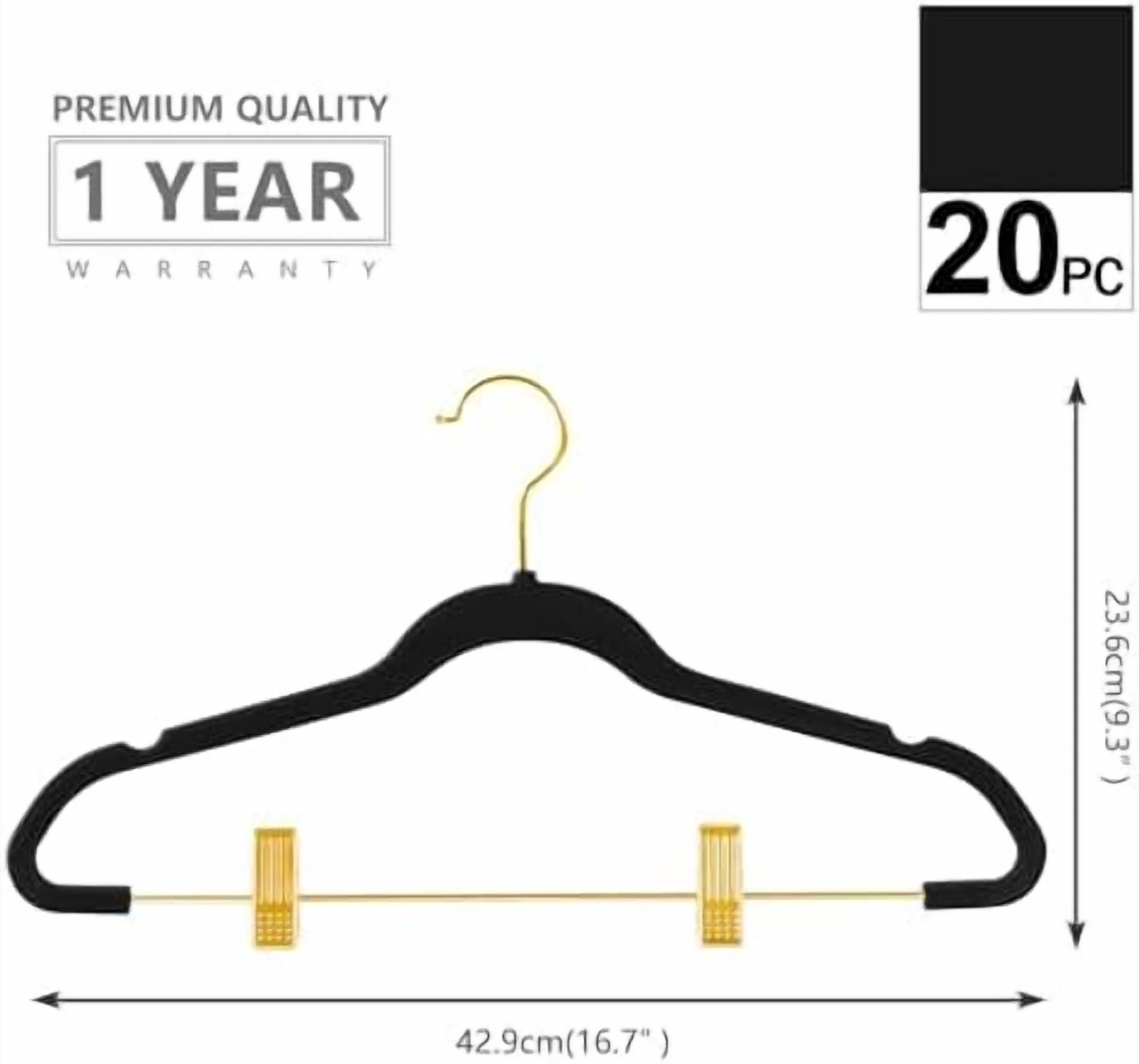 Premium Velvet Pants Hangers with Adjustable Clips (Pack of 20) Slim Skirt Hangers- Non Slip Felt Outfit Dress Hangers Black - Gold Hooks,Space Saving Shirt Clothes Hangers