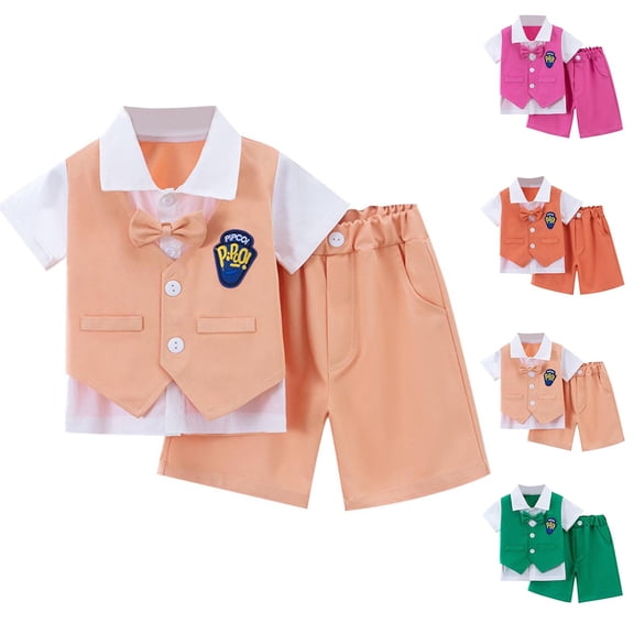 Agkizg 2PC Preppy Faux Layered Short Sleeve Collared Shirt Cargo Shorts Set Casual Outfits (Toddler Boy's or Toddler Girl's),2-Piece Set,Sizes 1-6 Years