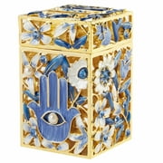 Matashi Hand-Painted Enamel Tzedakah Charity Box Keepsake Treasure Box w/ Crystals and Hamsa Protects Against Evil Eye
