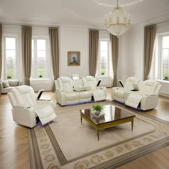 Breathing Leather Power Recliner Sofa Set, Reclining Living Room Set with LED, Reclining Sofa Recliner Couch with Cup Holder/USB Ports (3 Pieces Couch Set, Cream White)