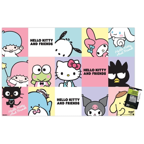 Hello Kitty and Friends: 2024 Core - Pastel Group Grid Wall Poster with Pushpins, 22.375" x 34"