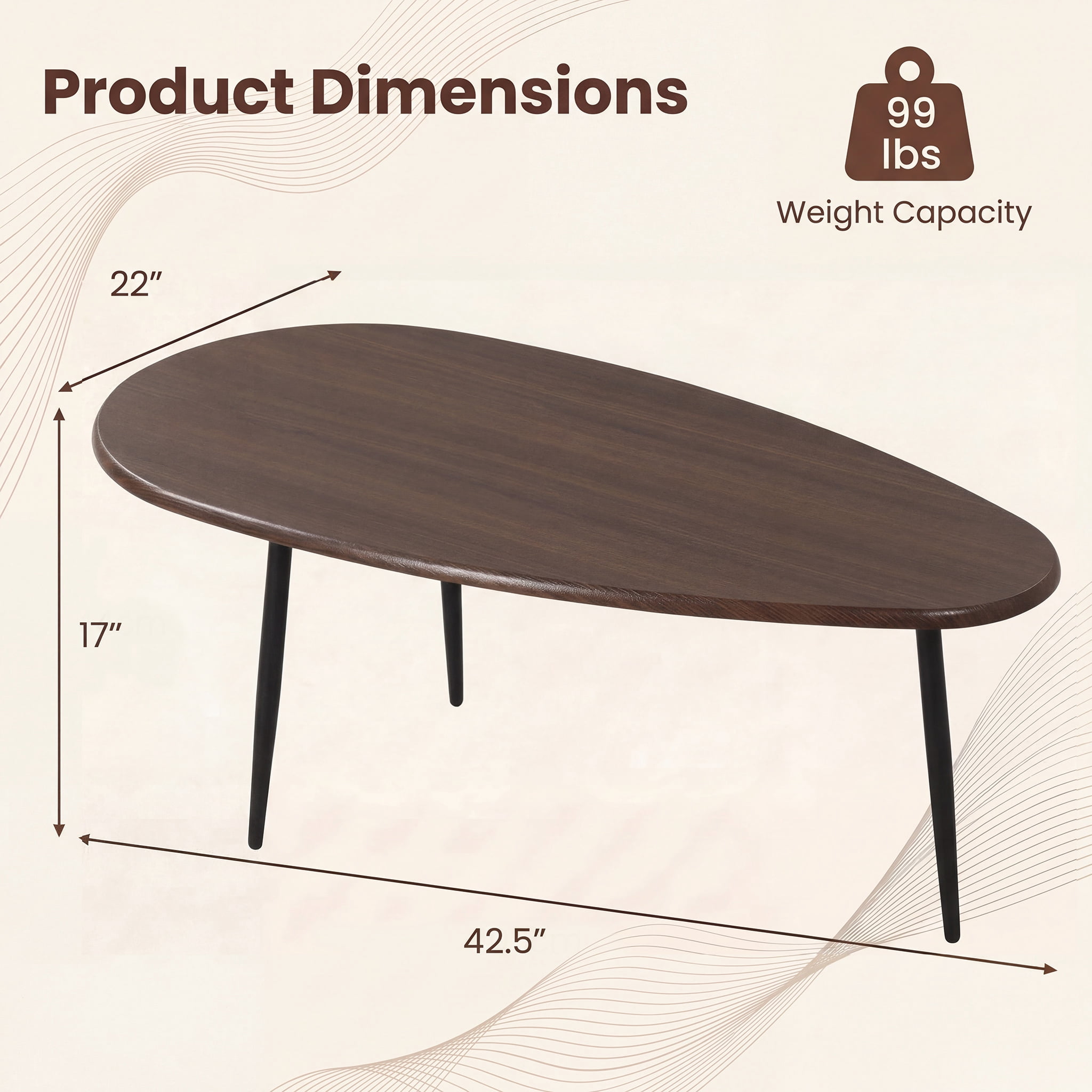 ELLEGNT Oval Coffee Table with Sturdy Metal Frame - Mid Century Center Table for Home Walnut