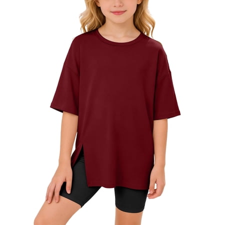 Xijirk Girls Shirts Split Hem Short Sleeve T Shirt Casual Round Neck Blouse Soft Tee for Kids Toddler Trendy Design for Daily Wear Summer Fun Boys Shirts 3-4 Years