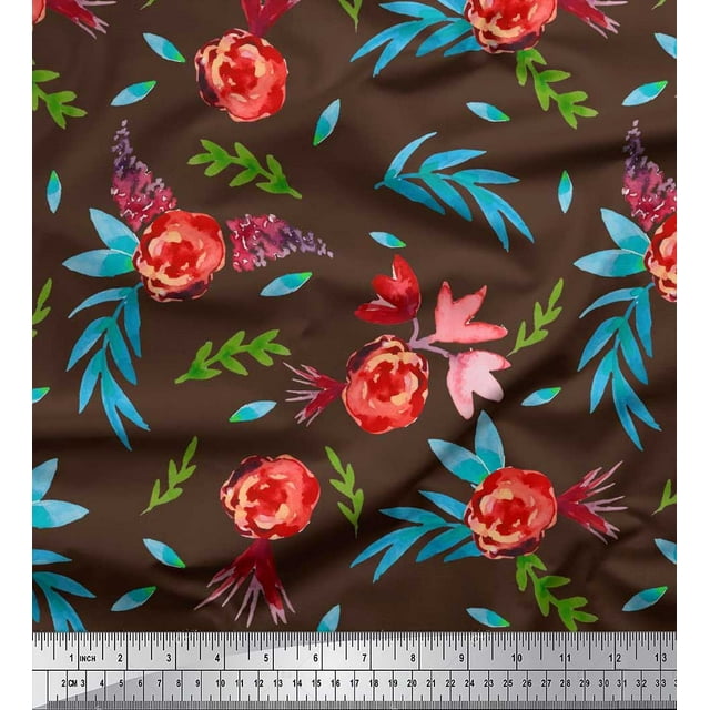 Soimoi Satin Silk Fabric Flower & Leaves Watercolor Decor Fabric Printed Yard 42 Inch Wide