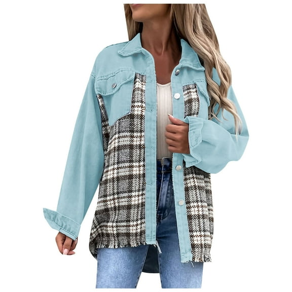 IROINNID Women's Short Denim Jacket Jacket Turndown Lapel Plaid Long Sleeve Leisure Casual Pockets Tops Jacket Plaid Coat, Sky Blue