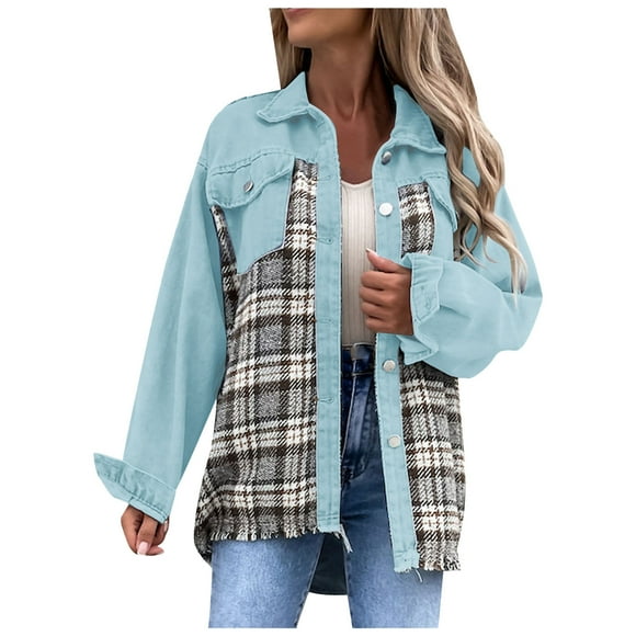 CEHVOM Mode Femmes Casual Poches Imprimé Manches Longues Tops Veste Plaid Manteau Clair