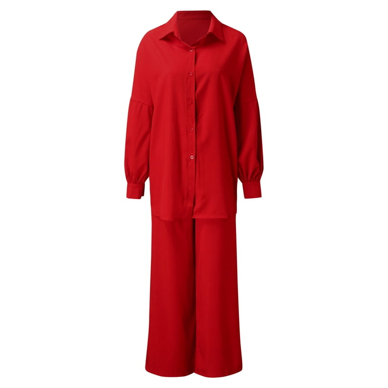 JDEFEG Romper for Bride 2 Pieces Pants Set Loose Button Long Sleeve Shirt  Wide Leg Palazzo Pants Outfits Sweatsuit Womens Formal Suit Polyester Red L