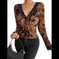 thumbnail image 1 of Blusa de Larga con Cuello Redondo y Encaje de con Bordado Floral para Mujer Caqui S, 1 of 7