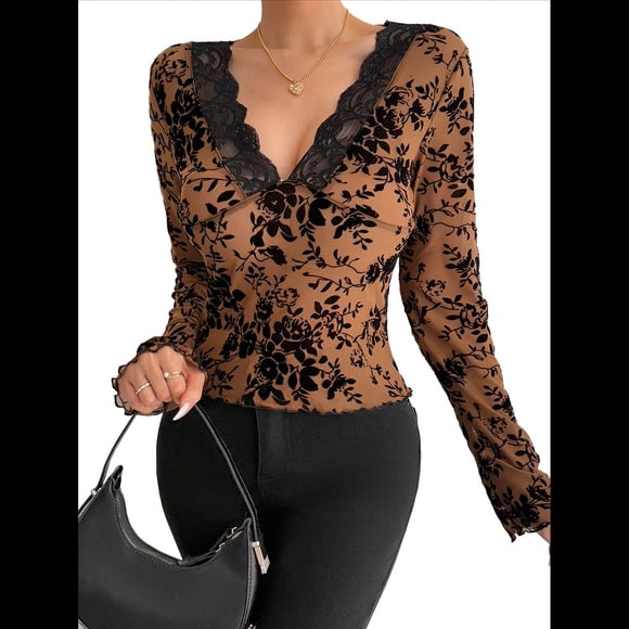Blusa de Larga con Cuello Redondo y Encaje de con Bordado Floral para Mujer Caqui S