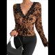 thumbnail image 1 of Blusa de Larga con Cuello Redondo y Encaje de con Bordado Floral para Mujer Caqui M, 1 of 7